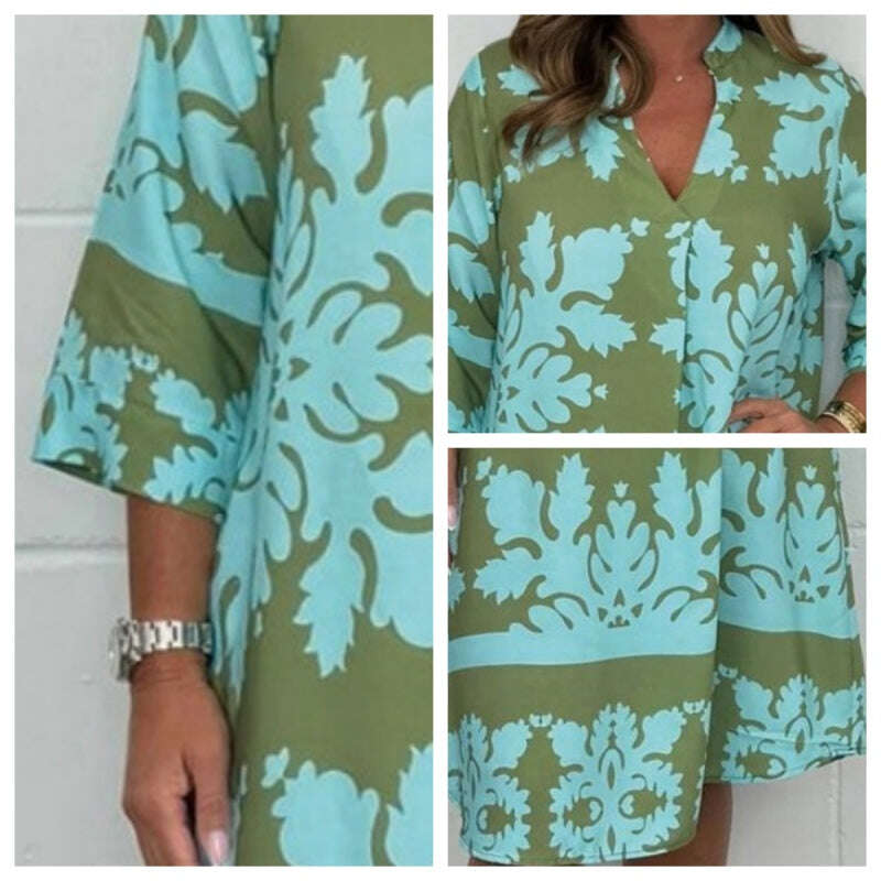 💗Женски модерен печат V-образно деколте 3/4 ръкав рокля