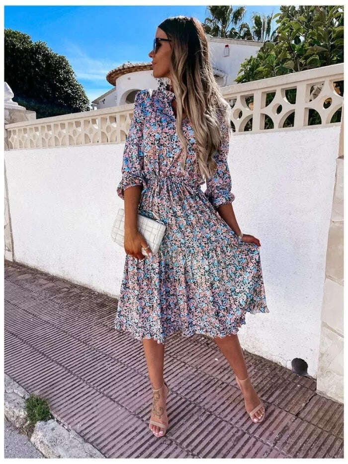 Plážové ležérní šaty s dlouhým rukávem s květinovým vzorem Boho