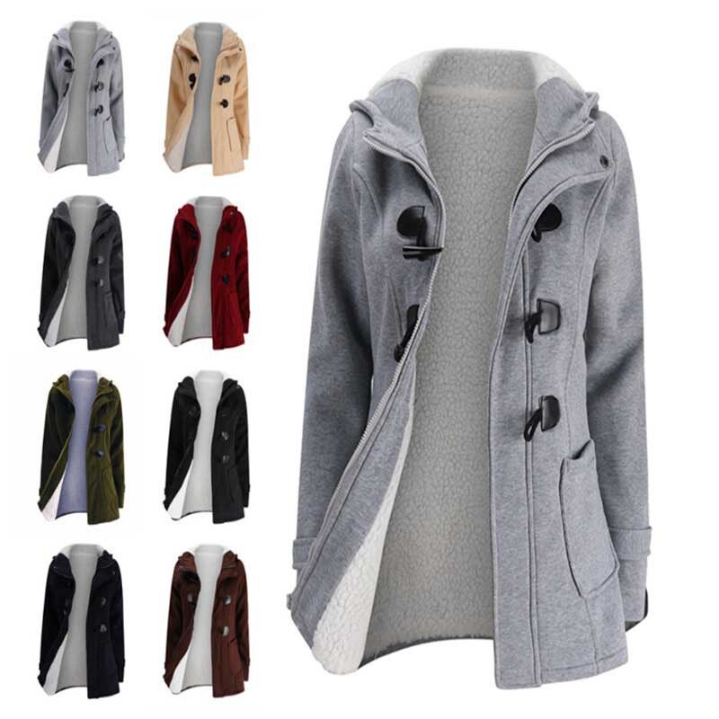 JiangWu Casaco de lã para mulher com botão de buzina e capuz, casaco quente de inverno