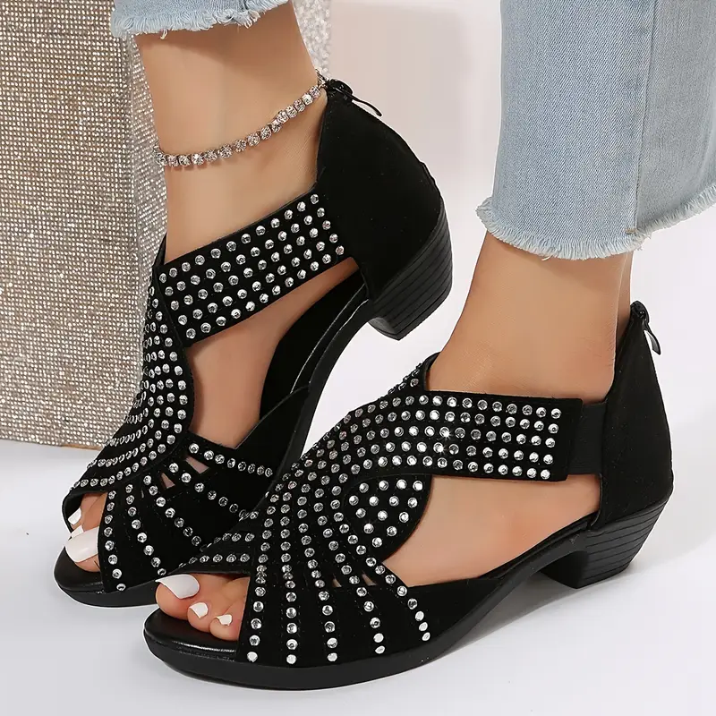 【36-43】🔥2025 Hot Sale💎 Sandálias femininas de couro cristal primavera e verão com salto sólido cruzado