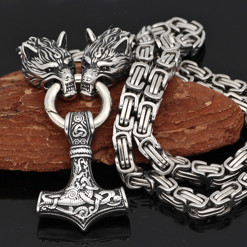NordyckoTM |. Colar de cabeça de lobo estilo viking nórdico com martelo