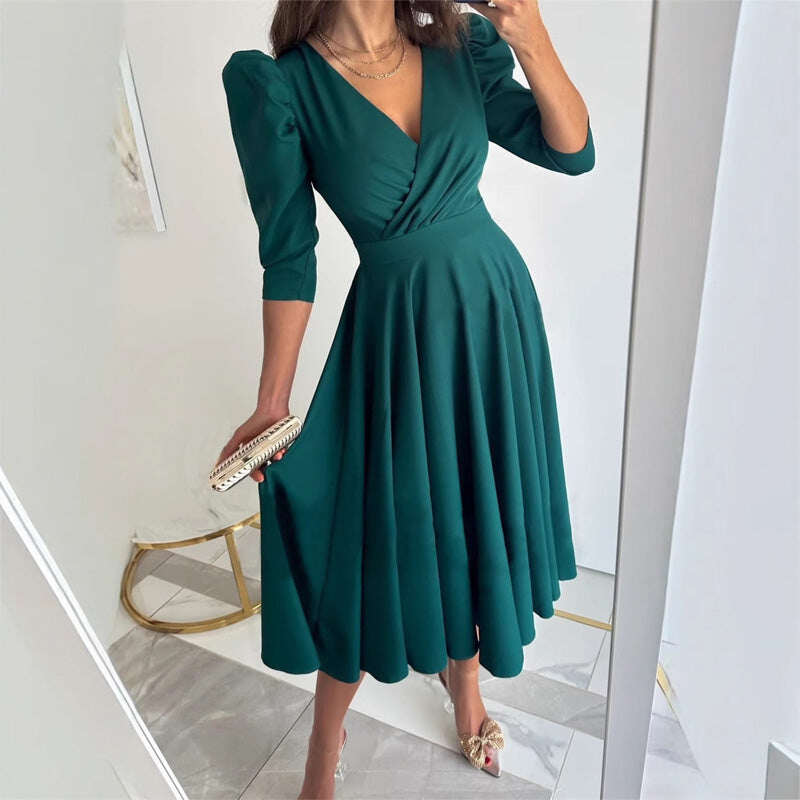 🌸Ocasiões especiais de primavera💐 Vestido midi plissado com decote em V feminino, cintura fina
