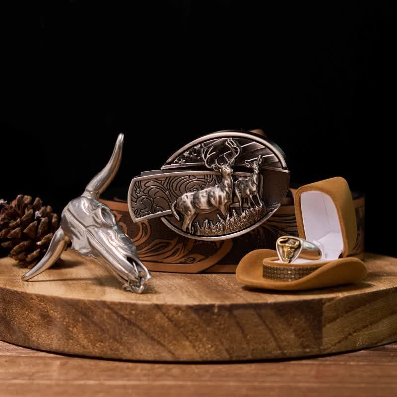 Комплект катарама за колан със скрит елен, дълъг рог, висулка, пръстен с бик