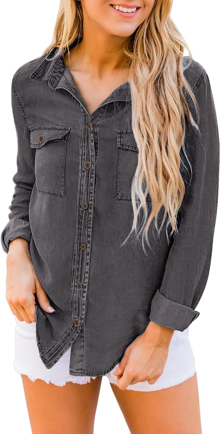 luvamia farmer ing Női Chambray Jean Western Shirts Hosszú ujjú gombos felsők
