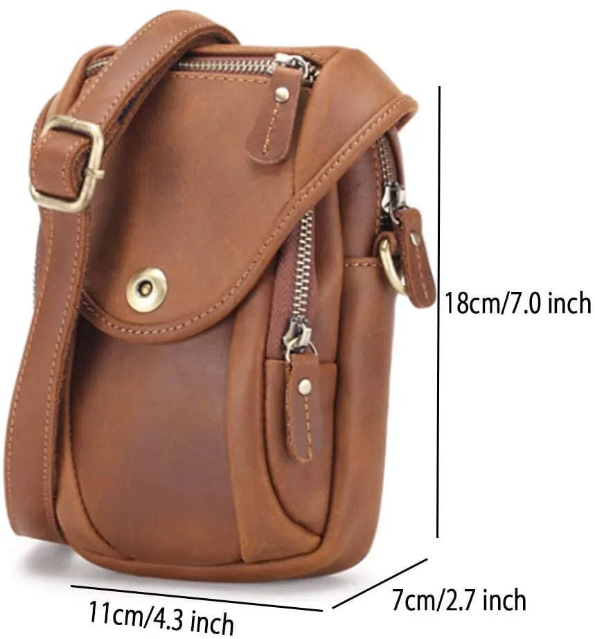 Bolsa de ombro pequena de couro com bolso, bolsa crossbody para celular, bolsa para dinheiro, carteira, bolsa de cintura, pochete para homens
