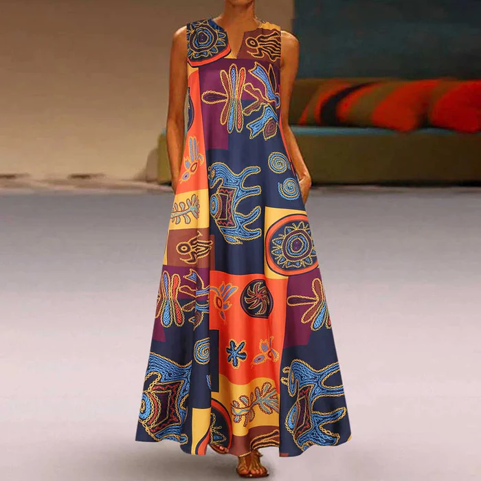 2022 Нова лятна макси рокля с винтидж печат, памучна рокля без ръкави