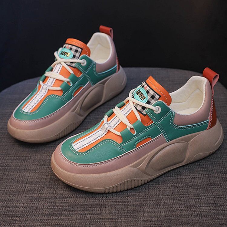 Sapatos de caminhada femininos com sola grossa colorblock