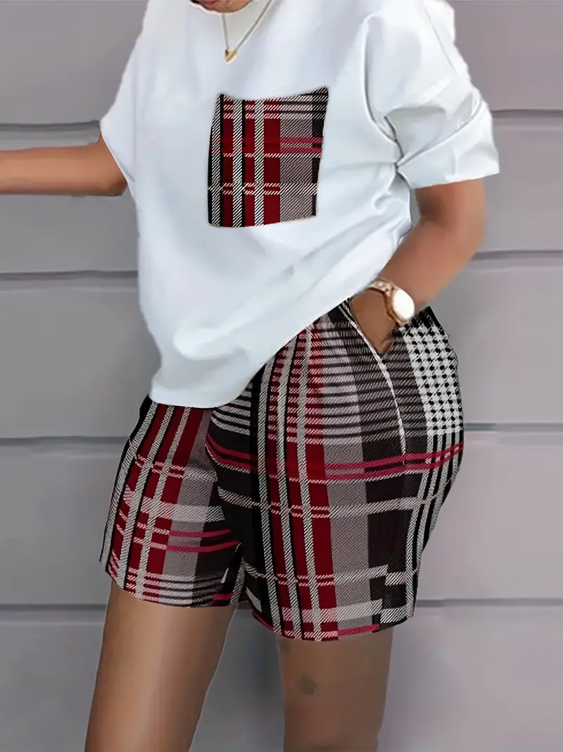 Conjunto casual de duas peças com estampa de letras laranja, gola redonda, manga curta