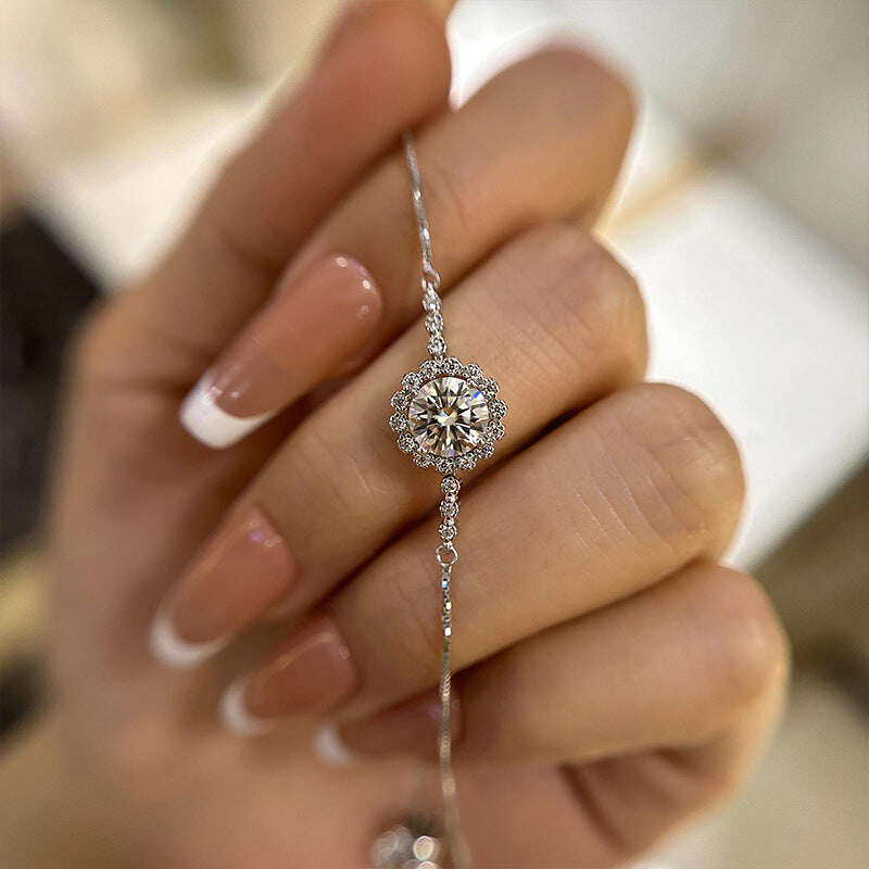 Pulseira elegante de prata esterlina com floco de neve e diamante Moissanite
