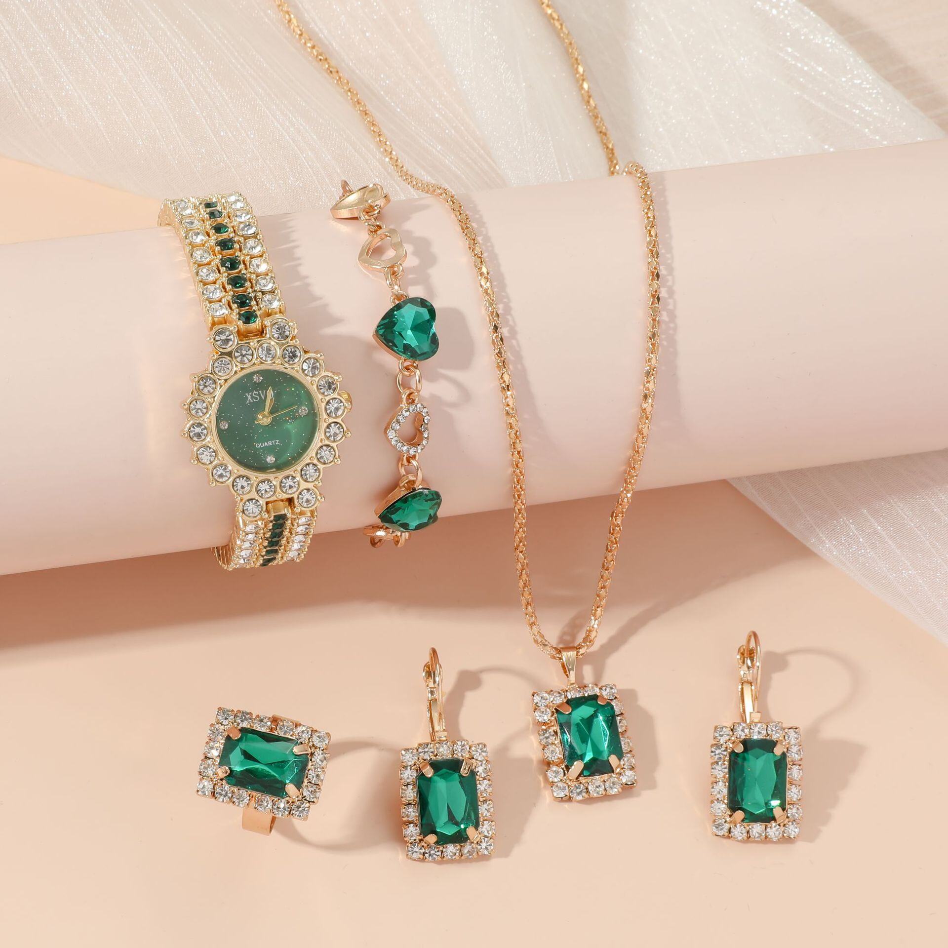 Conjunto de relógio feminino de quartzo, conjunto de brincos, colar de strass