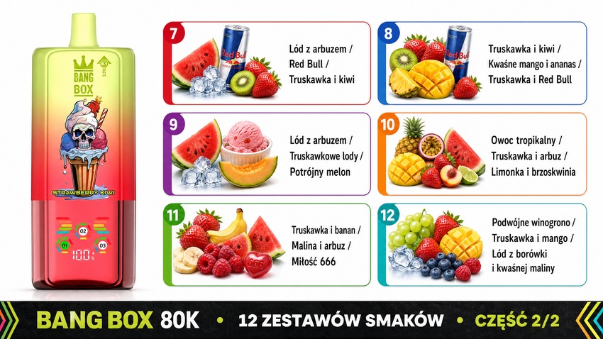 Bang Box 80K 3w1 zestawy smaków 7–12: Lód z arbuzem Red Bull, Truskawka Kiwi Red Bull, Lód z arbuzem Melon, Owoc tropikalny, Truskawka Banan, Podwójne winogrono