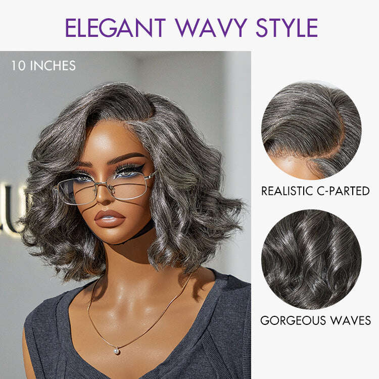 Boss Vibe Salt & Pepper Layered Bob / Body Wave Glueless Pre-Cut Minimalist Lace Grey Wig