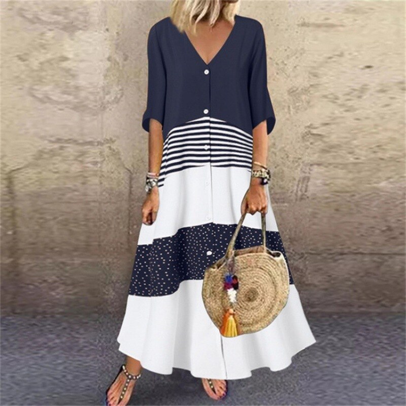 Primavera e verão novo estilo com decote em v manga curta impresso vestido longo abotoado saia casual