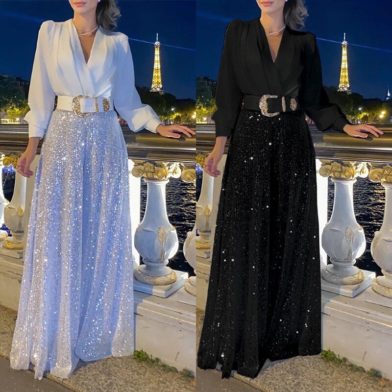 2024 vestidos femininos primavera outono premium decote em v manga comprida elegante cintura lantejoulas vestido francês
