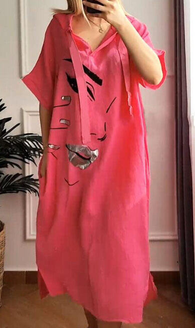 Vestido feminino urbano casual solto com capuz e transferência de calor