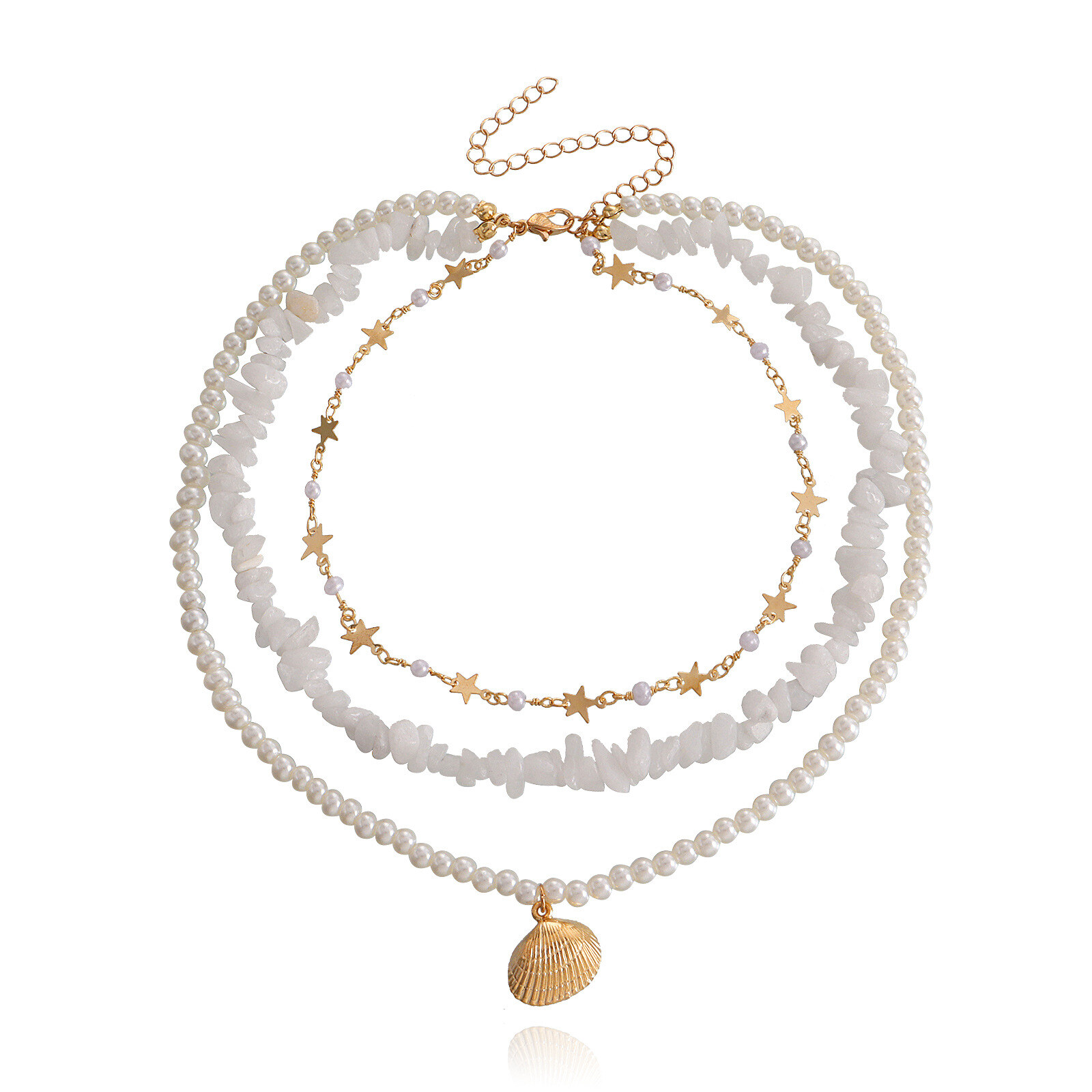 Colar de pingente de vieira de estrela de cinco pontas branco pérola de três camadas para mulheres colar de estilo de luxo leve