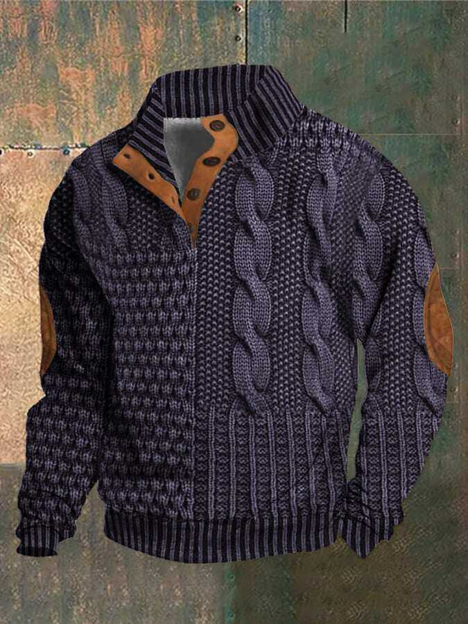 Męska bluza casualowa z nadrukiem retro, z kołnierzykiem i guzikiem