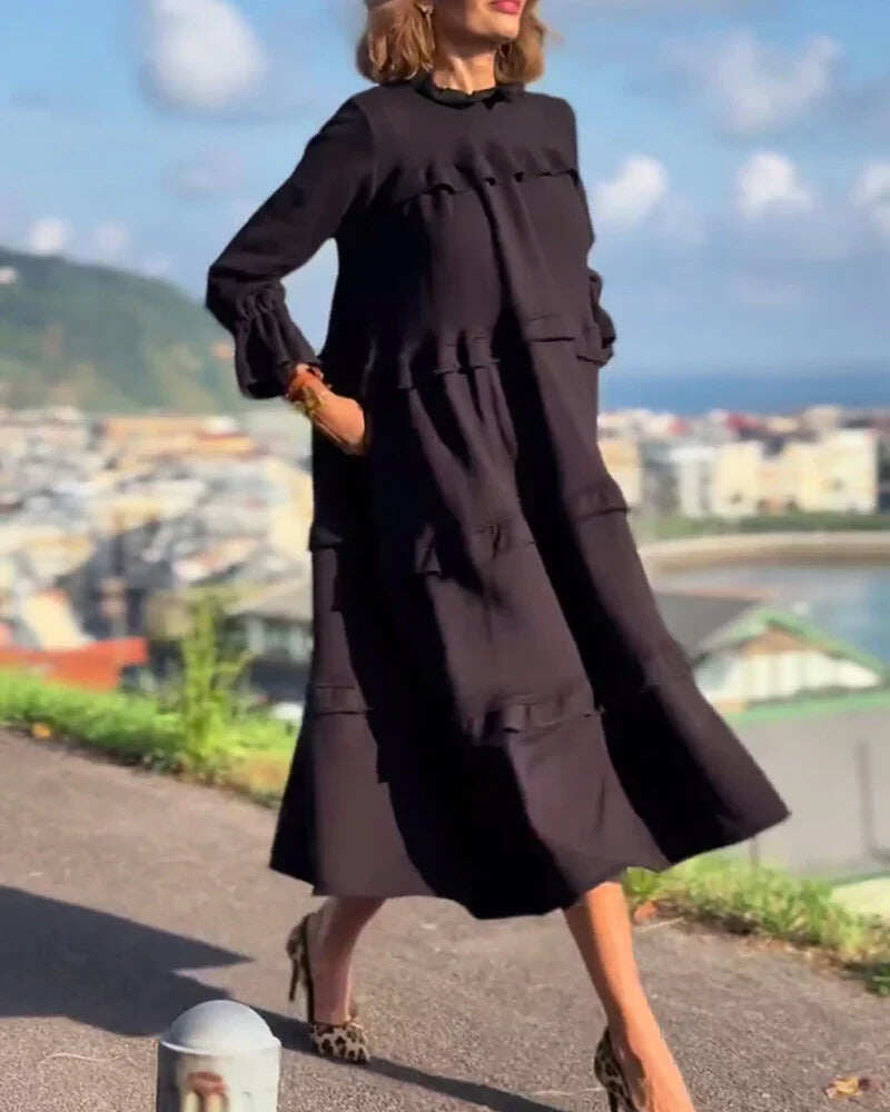 Vestido de manga comprida com folhos monocromáticos