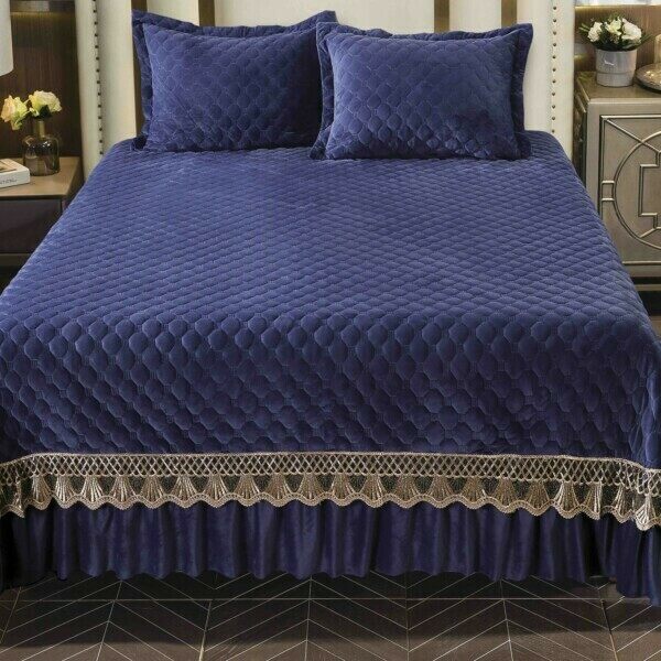 Conjunto de colcha de veludo 230x250cm 3 peças com bordado marrom + 2 fronhas