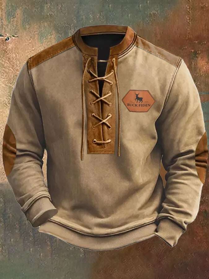 Moletom masculino retrô com estampa de blocos de cores ocidentais e cordão de alce com gola alta