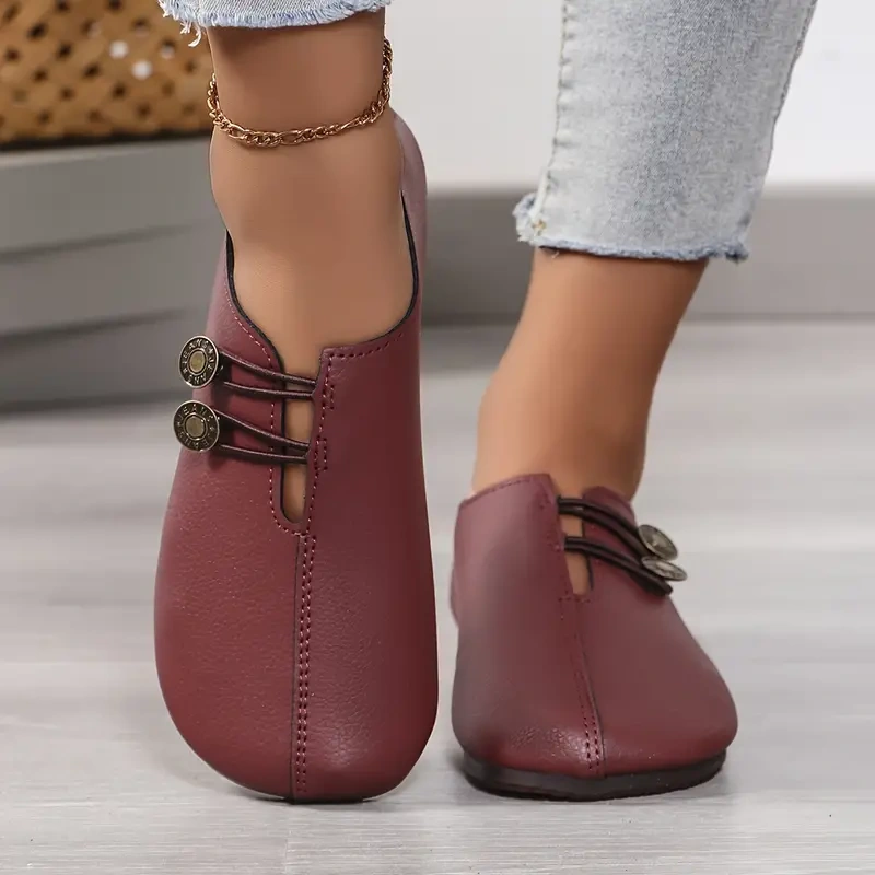 Sapatos femininos elegantes e baixos com sola macia, bico redondo e fivela