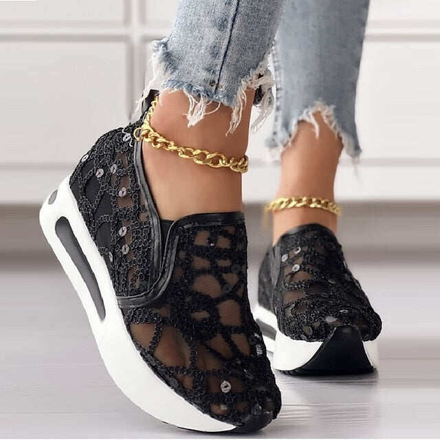 Sapatos femininos casuais de verão com lantejoulas e cunha