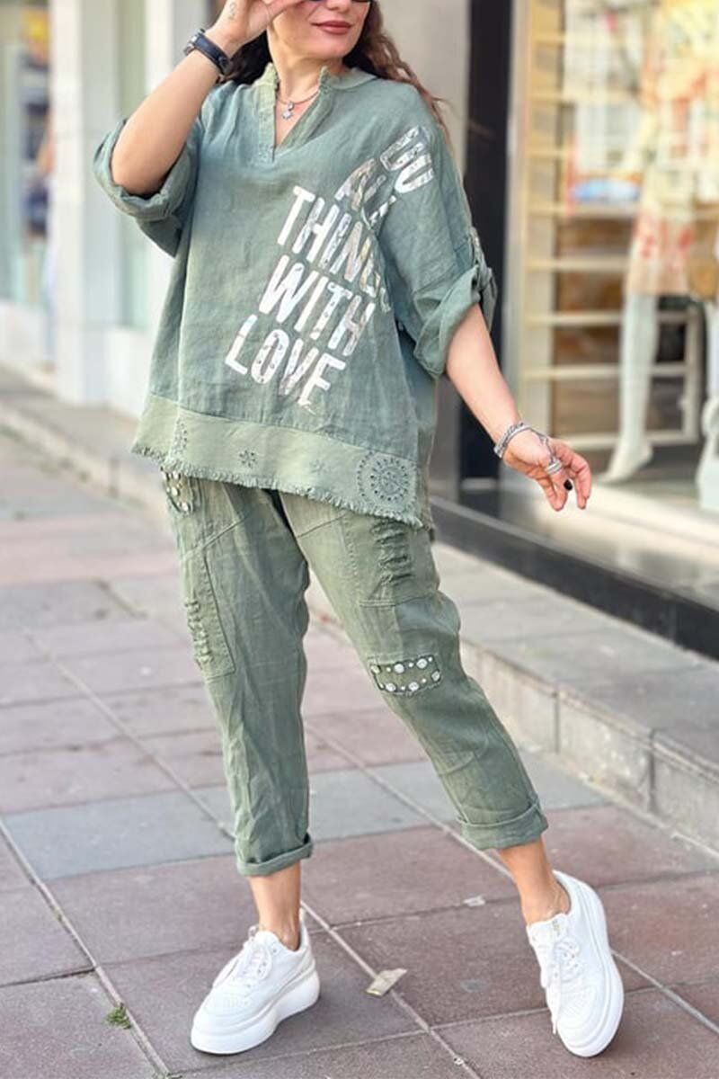 Conjunto blusa + calça dia feminino em algodão e linho