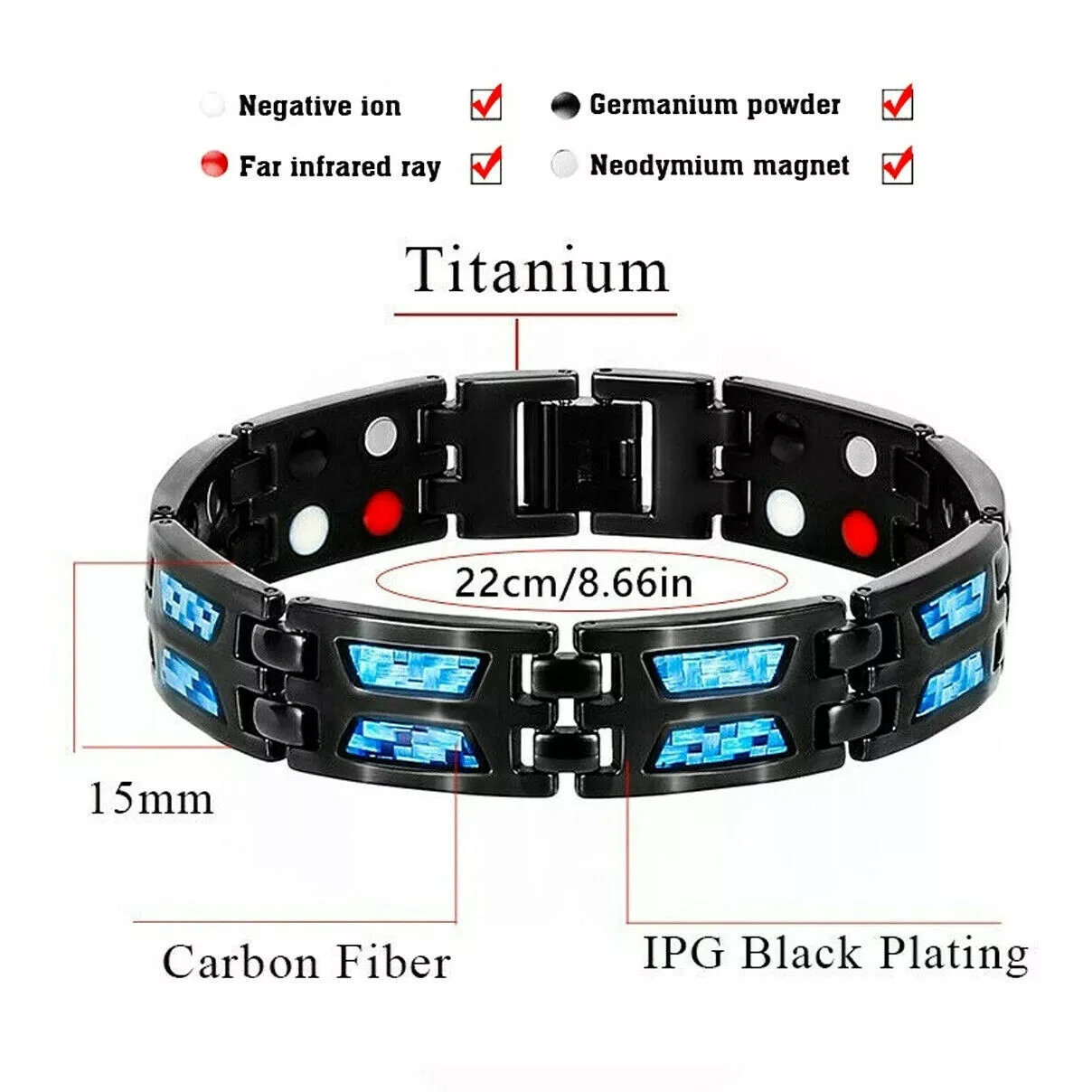 2Pcs Carbon Blue Titanium Magnetic Therapy Pulseiras Únicas Duplas Fileiras Força
