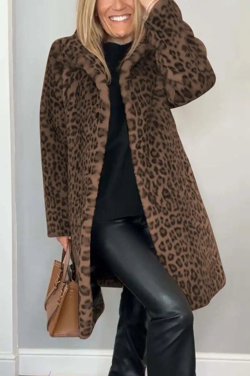 Casaco de inverno feminino elegante com lapela de leopardo e pele sintética