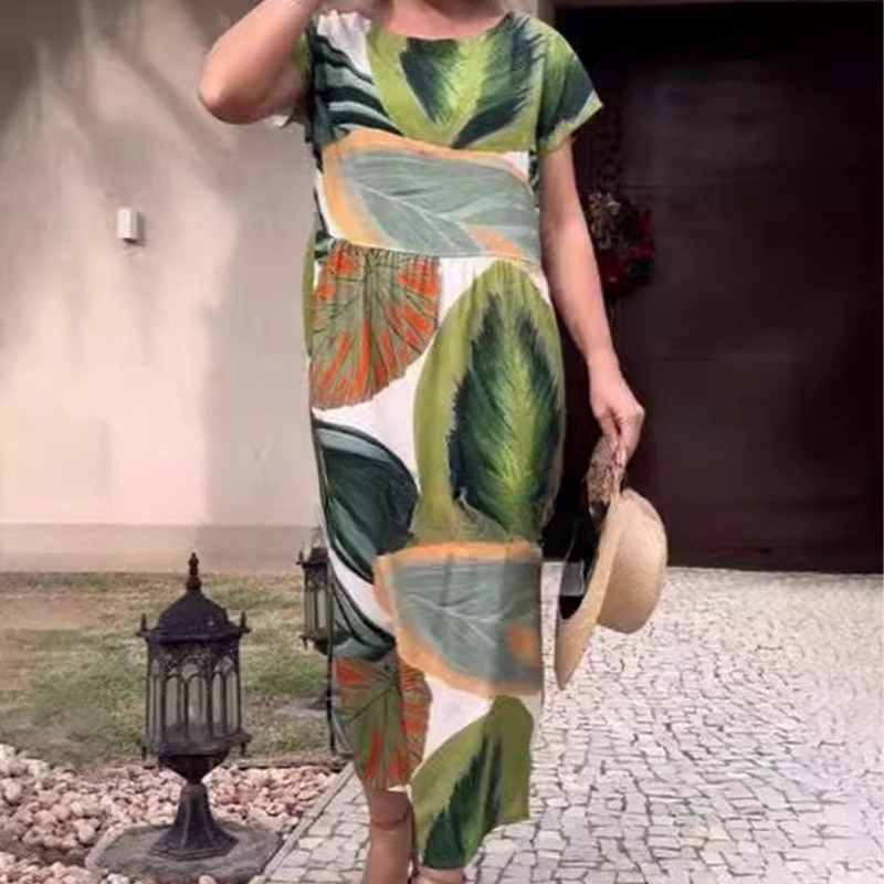 Leaf Print Round Neck Side Split Dress