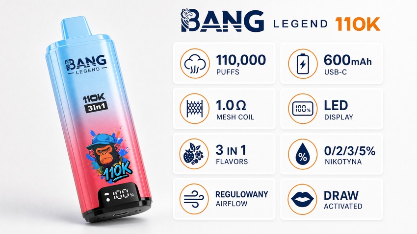 Bang Legend 110K specyfikacja techniczna – 110000 puffs 600mAh Mesh Coil LED regulowany airflow