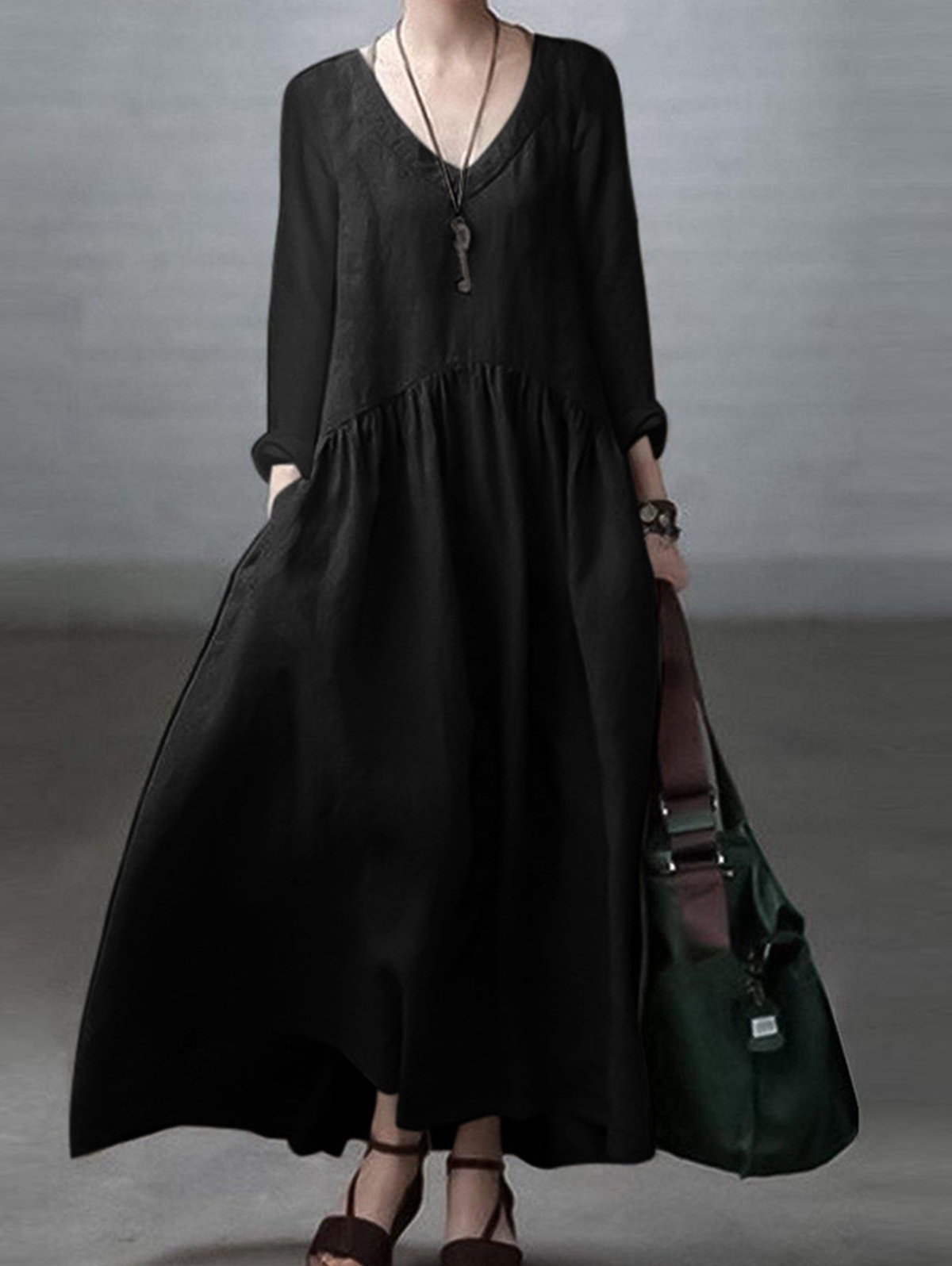 Casual Solid V Neck Long Sleeve Pocket Maxi Dress