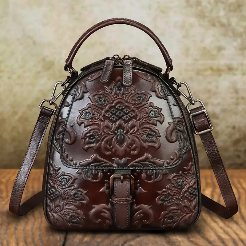 Women'S Vintage Embossed Leather Crossbody Bag - Adjustable 2-Strap Shoulder Satchel with Zipper Closure, Floral Pattern, Brown Genuine Leather Backpack for Casual & Formal Occasions, Casual Accessory, Elegant Accessory, Durable Construction