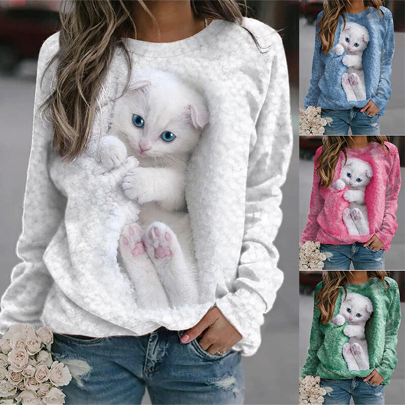 Moletom elegante de manga comprida com estampa de gato