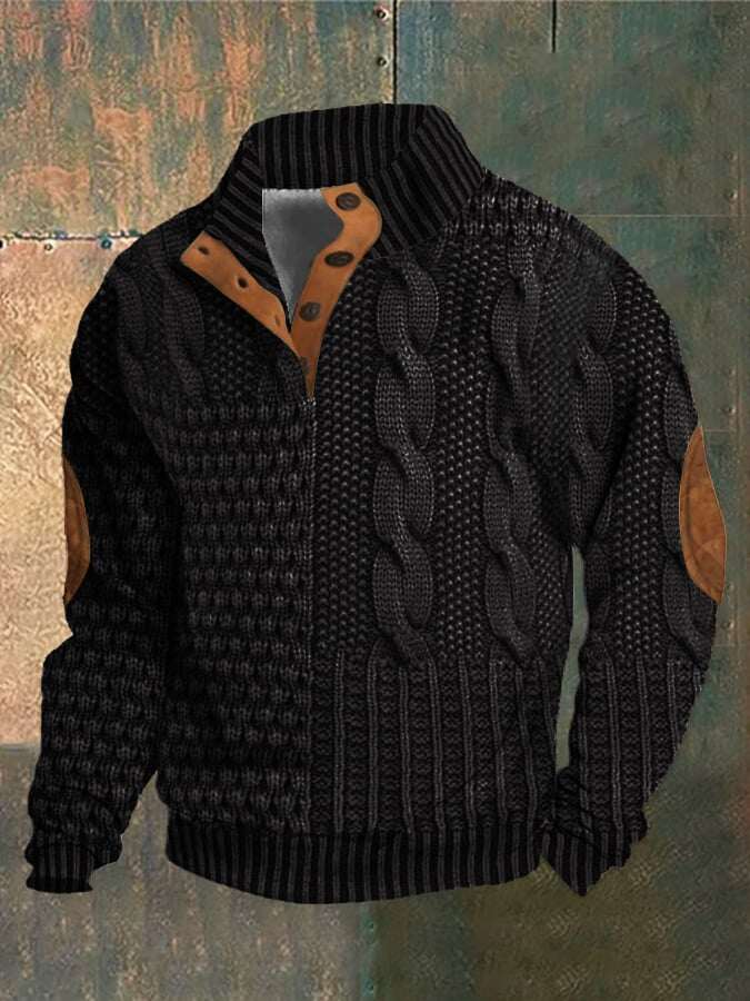 Moletom casual masculino com estampa retrô e botão de gola alta