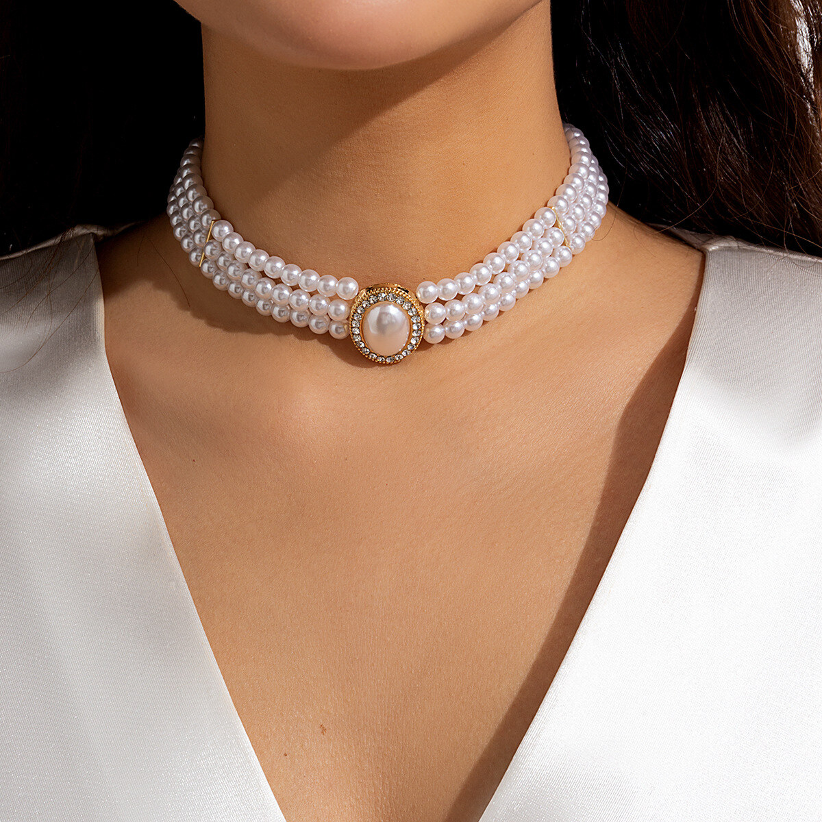 Colar de pérolas elegante francês em várias camadas, conjunto de colar de pedra de joias elegante e luxuoso
