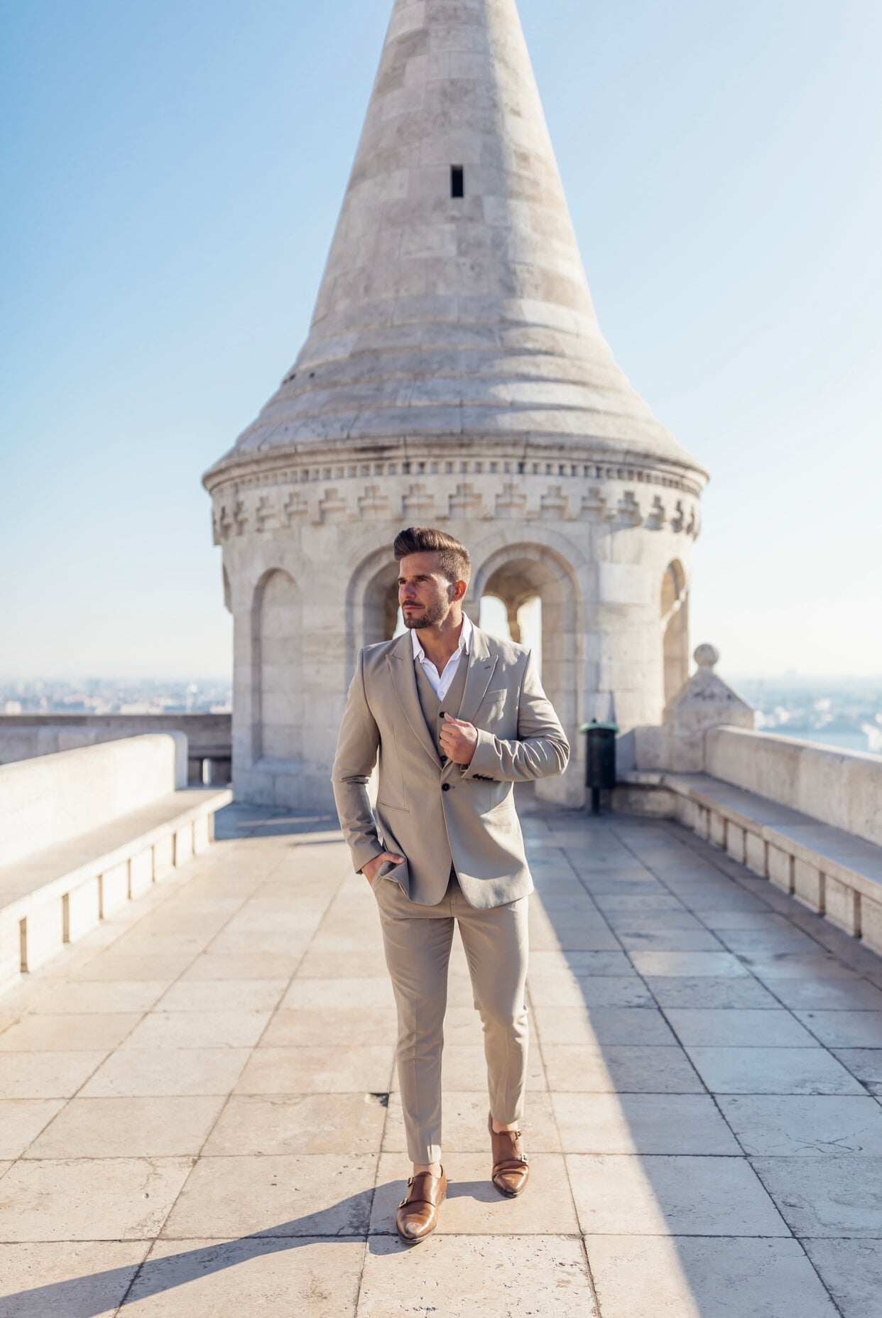 Father Sons Slim Formal Beige Stretch Trousers - FST003