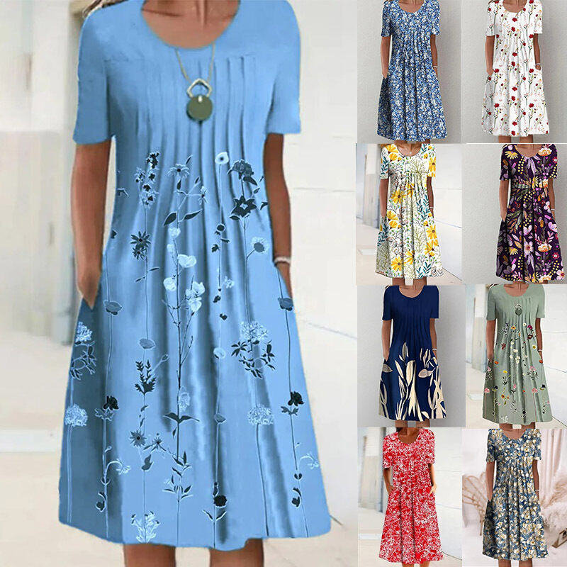 Vestido midi feminino primavera e verão com gola redonda estampado floral e bolso