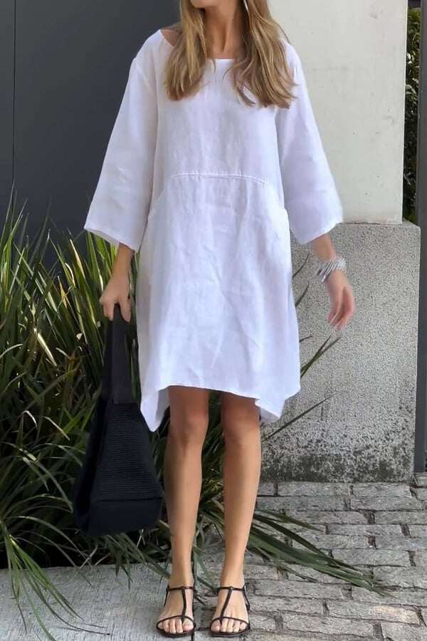 🌸Wiosenne promocje🌸 Casualowa sukienka z bawełny i lnu w jednolitym kolorze