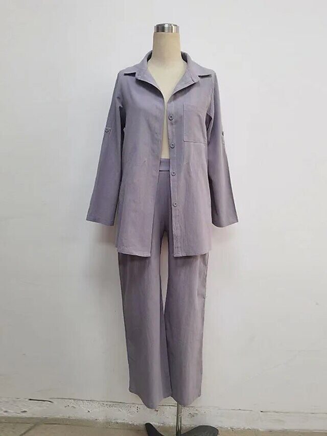 Camisa de lapela de cor sólida, top de algodão e linho e calças S-5XL