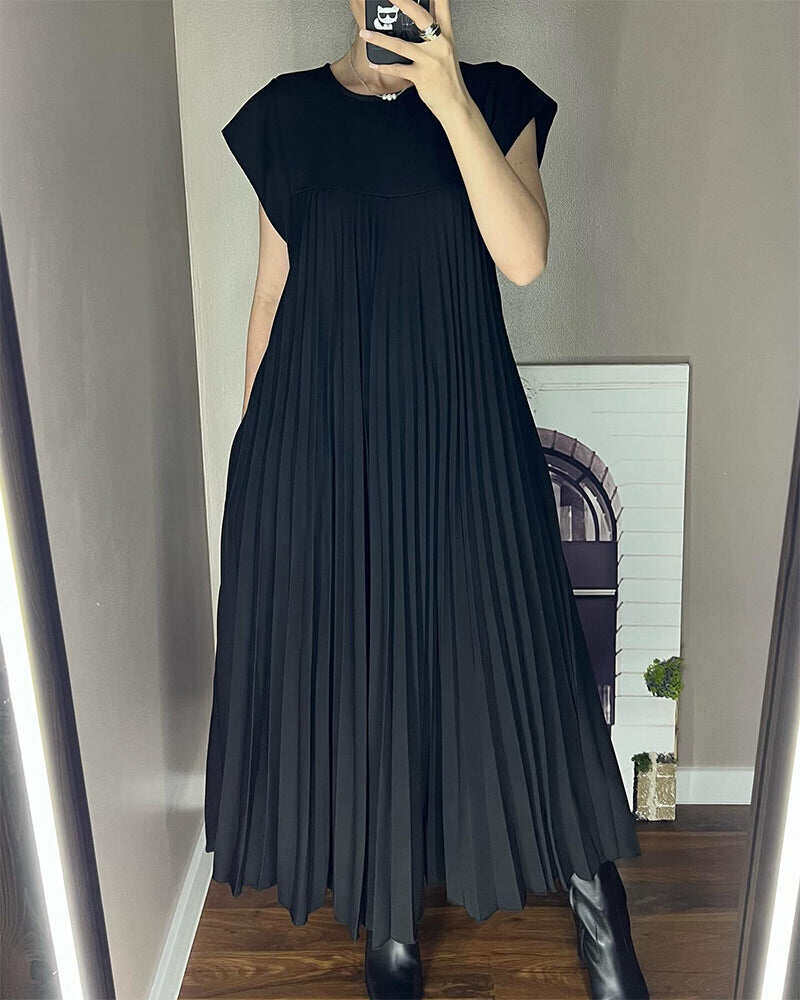 Vestido plissado simples de cor sólida sem mangas