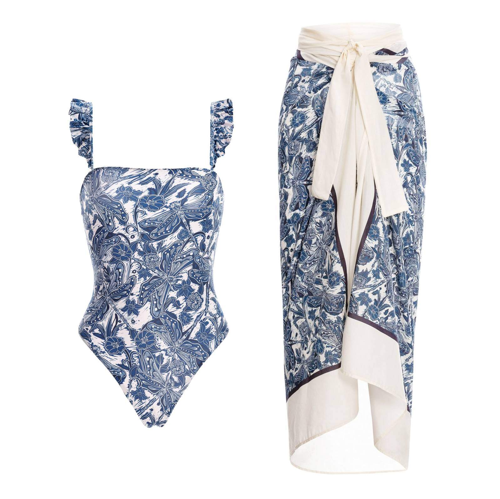 2025 New Blue Dragonfly Printed Swimsuit and Sarong