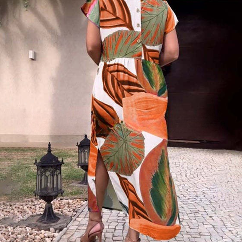 Leaf Print Round Neck Side Split Dress