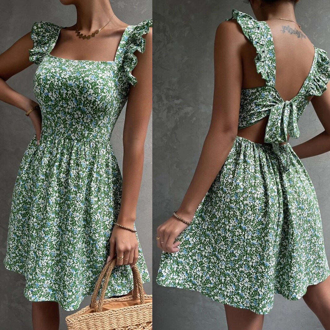 Vestido de primavera e verão com decote quadrado e babados nos ombros