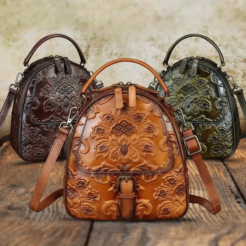 Women'S Vintage Embossed Leather Crossbody Bag - Adjustable 2-Strap Shoulder Satchel with Zipper Closure, Floral Pattern, Brown Genuine Leather Backpack for Casual & Formal Occasions, Casual Accessory, Elegant Accessory, Durable Construction