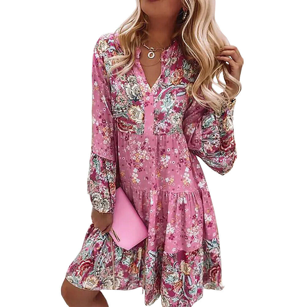 2024 Nova primavera e outono estilo floresta vestido com decote em V estampado manga sino com saia