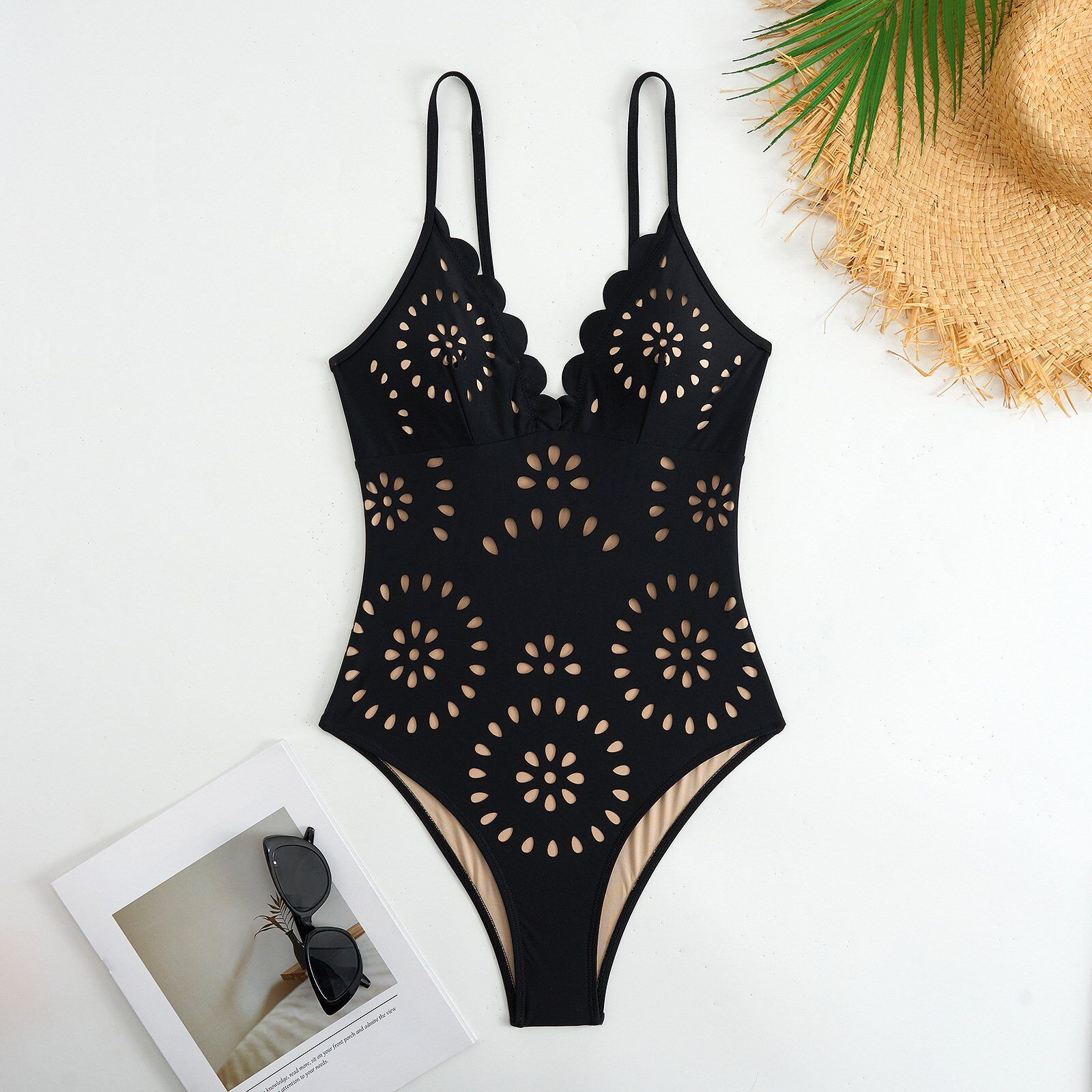 💖 2025 New 👙 Laser Cutting Flower Hollow Flared Skirt Swimsuit Set