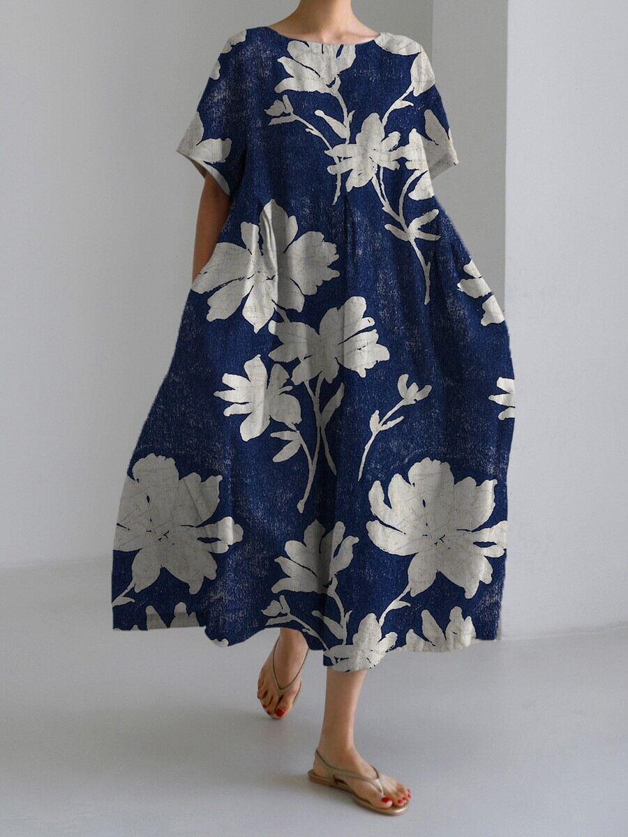 Vestido feminino de manga curta feito à mão em algodão e linho