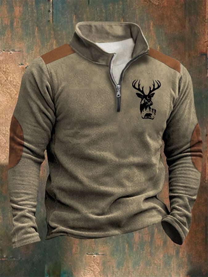 Moletom masculino com zíper e gola alta estampada estilo ocidental