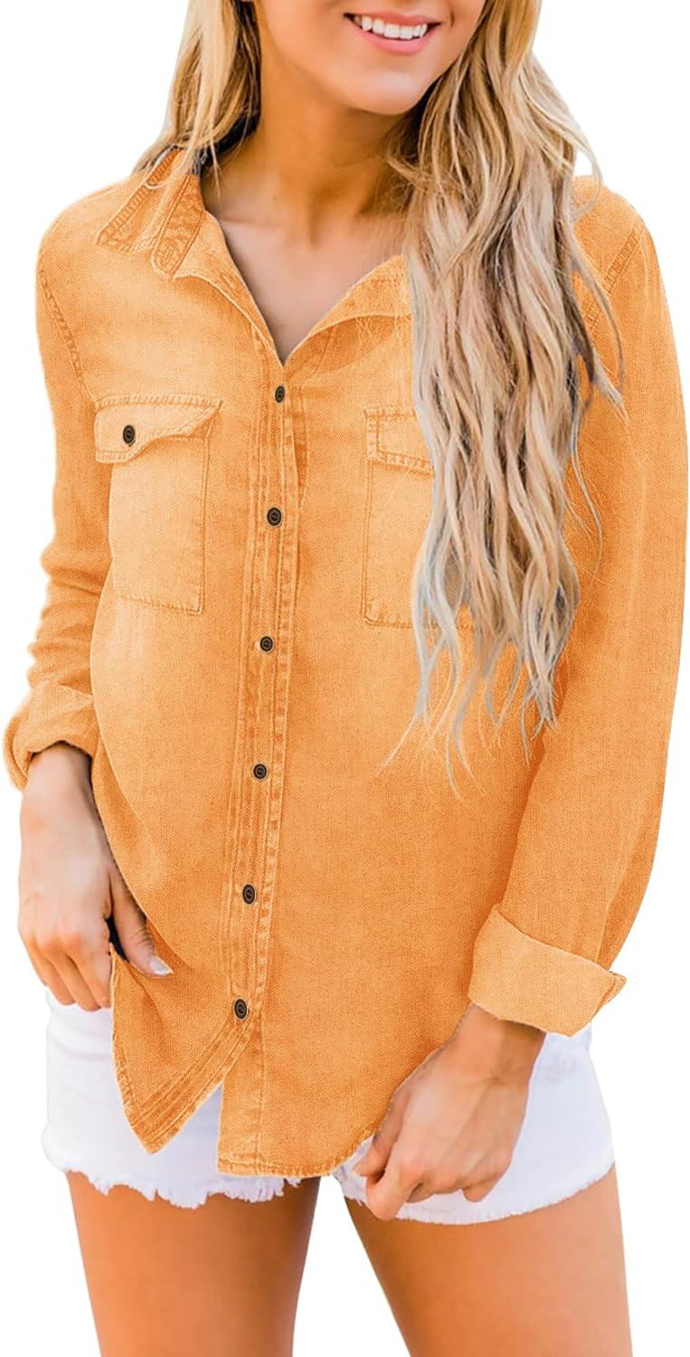 luvamia farmer ing Női Chambray Jean Western Shirts Hosszú ujjú gombos felsők